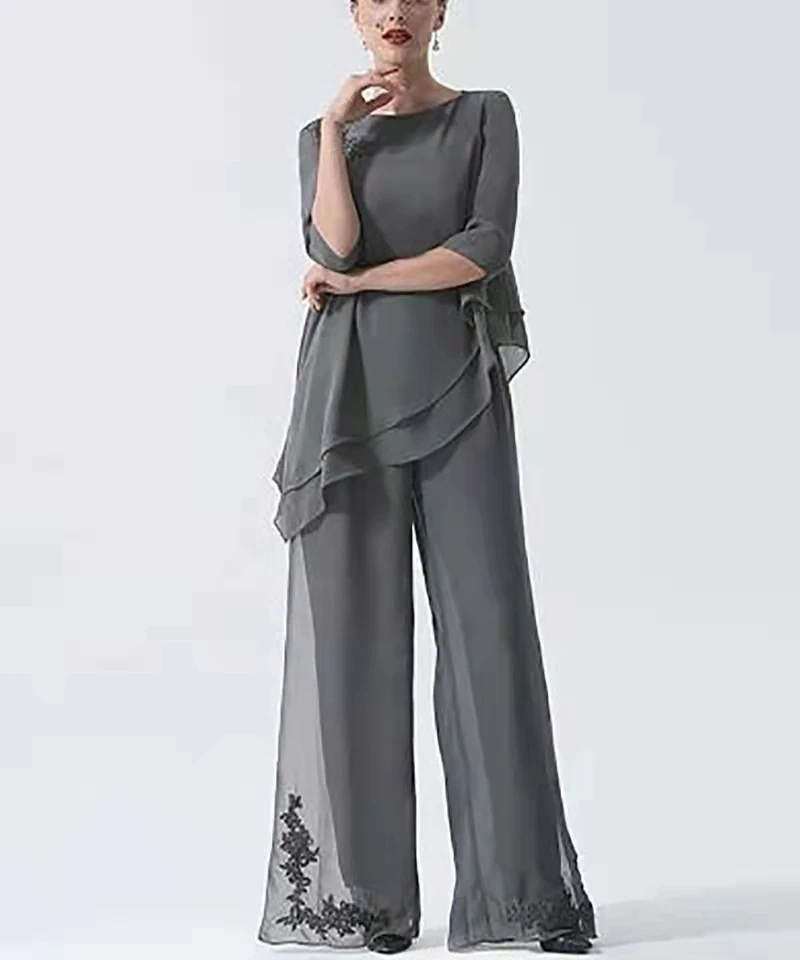 

Two Piece Pantsuit / Jumpsuit Mother of the Bride Dress Plus Size Jewel Neck Floor Length Chiffon 3/4 Length Sleeve with Draping
