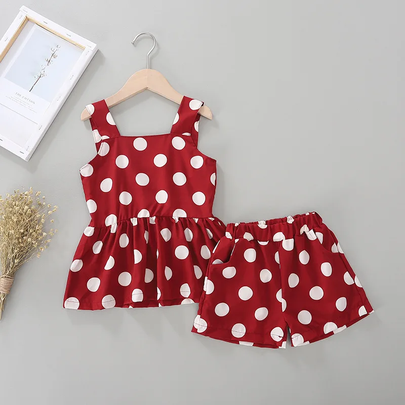

Kids Casual Suit Baby Girls Summer Fashion Chiffon Sleeveless Dress and Dot Print Shorts Two Piece Children's Clothing Set
