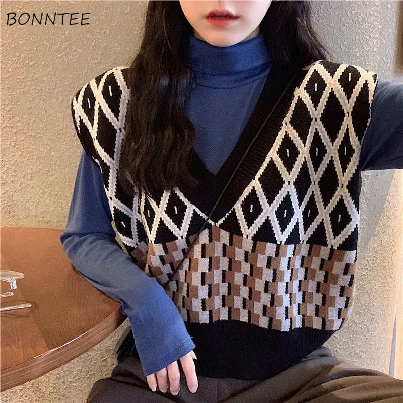 

Sweater Vest Retro Sleeveless Chic Geometric Spring Autumn Trendy Ladies Sweater Ins Vintage V-neck New Popular All-match Femme