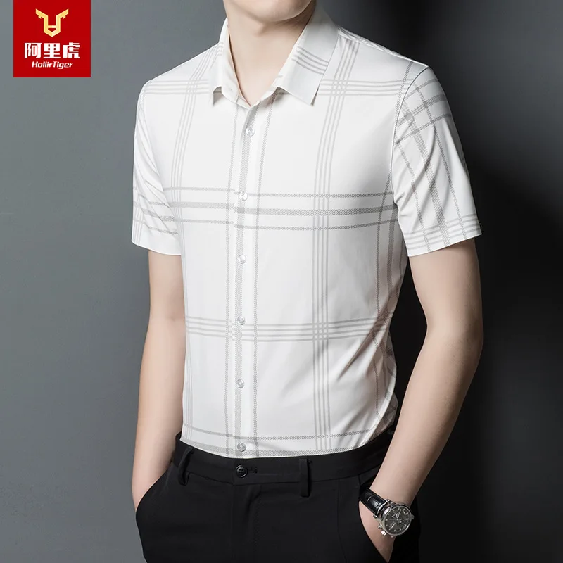 

Ali tiger men's summer new middle-aged leisure business Lapel short sleeve shirt men's father no iron shirt men's