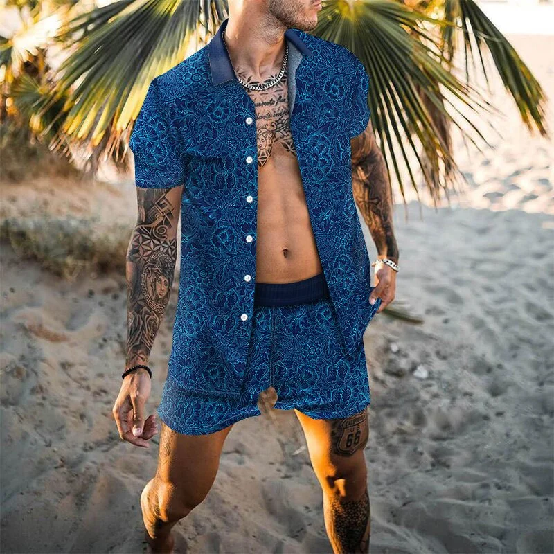 

Men's Hawaiian Print Lapel Short Sleeve Shirt Set 2021 Summer Men's Fashion Beach Print Quick-drying Shorts Set Two-piece S-3XL