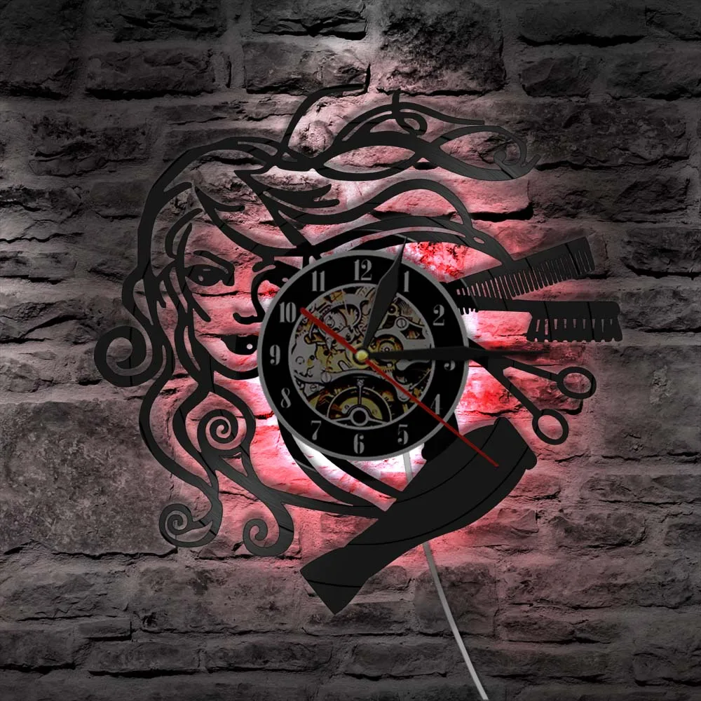 Барбершоп виниловая запись светодиодный настенные часы современный дизайн