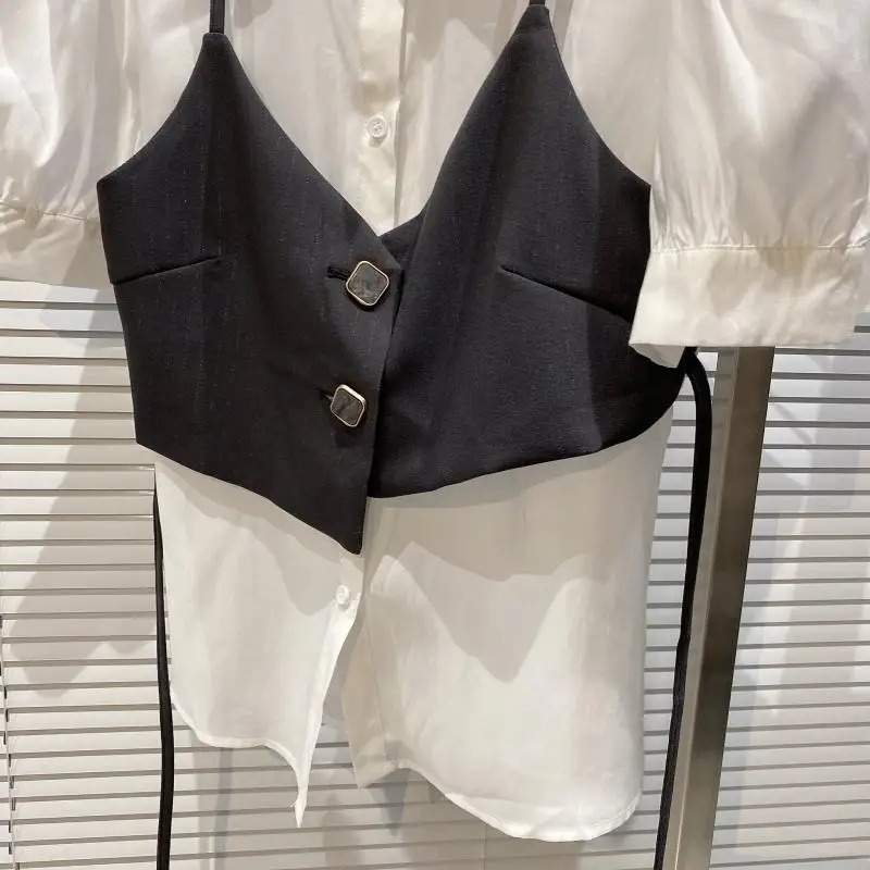 

Two Piece Suit 2021 Summer New Elegant Vest Stitching Outer Shirt Short Sleeve Blouse Wide Leg Pants Shorts Two-Piece Set