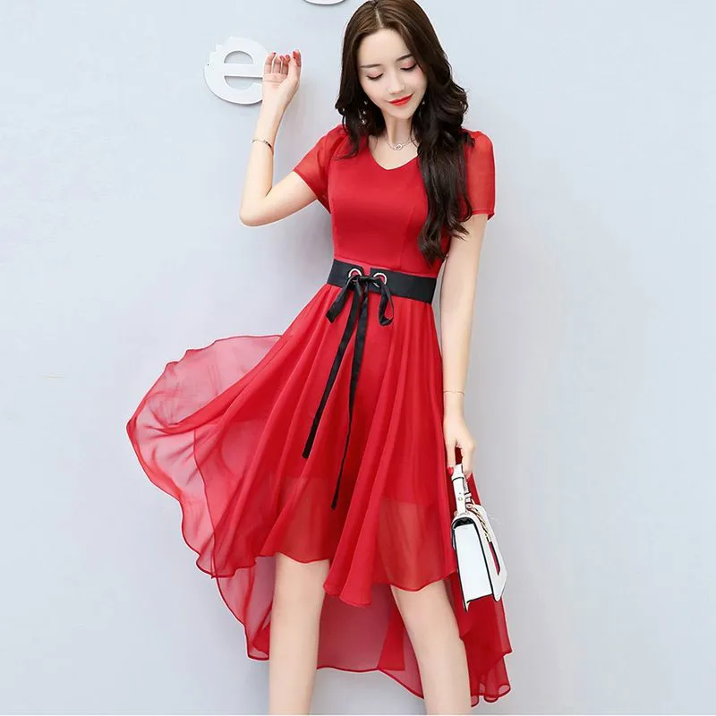 

Женское весенне-летнее Стильное женское платье с V-образным вырезом, тонкое шифоновое повседневное элегантное характерное платье с поясом ...