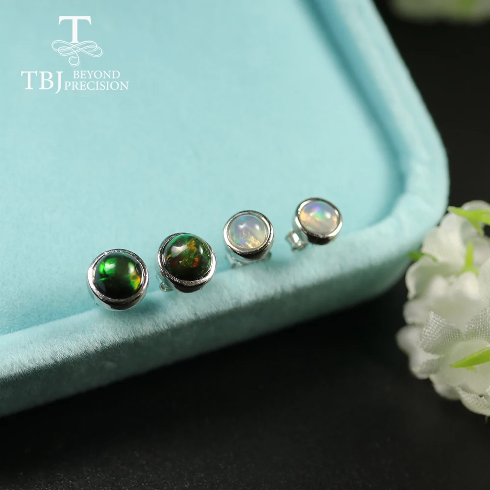 

TBJ,Black Opal earring Round 4mm 5mm Natural Ethiopia Opal gemstone Jewelry 925 sterling silver for girls daughter nice gift