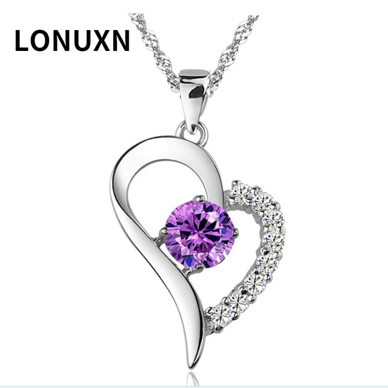 

High-quality Heart Hollow 925 Sterling Silver Purple/white Crystal Necklace Women Jewelry Pendant with Chain Lovers Gift 3cm