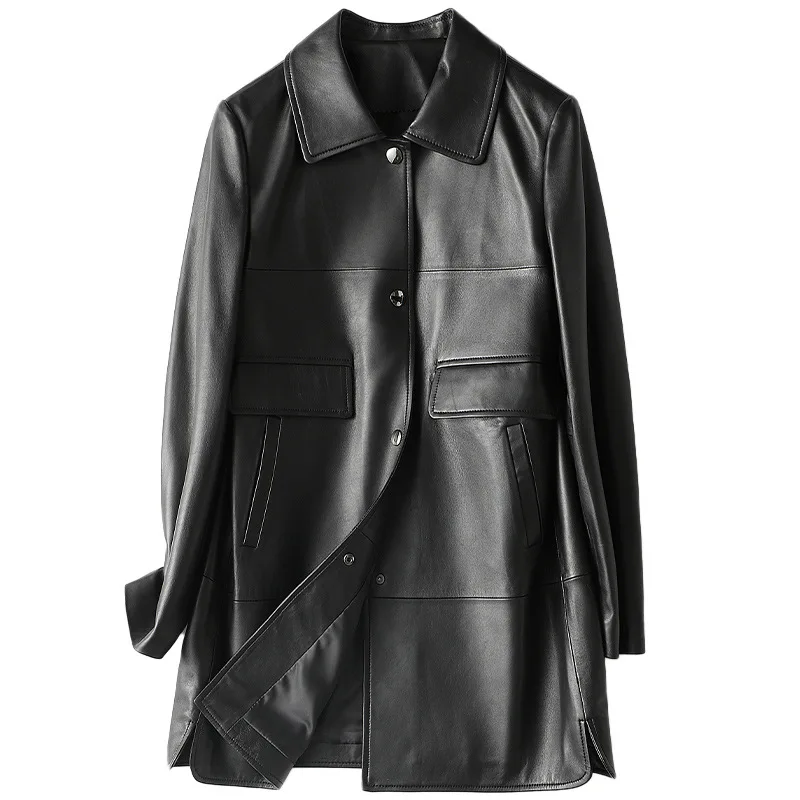 Women's Simple Sheepskin Spring New Casual High Quality Jacket Covered Button Women Loose Real Leather Black Coat with Pockets