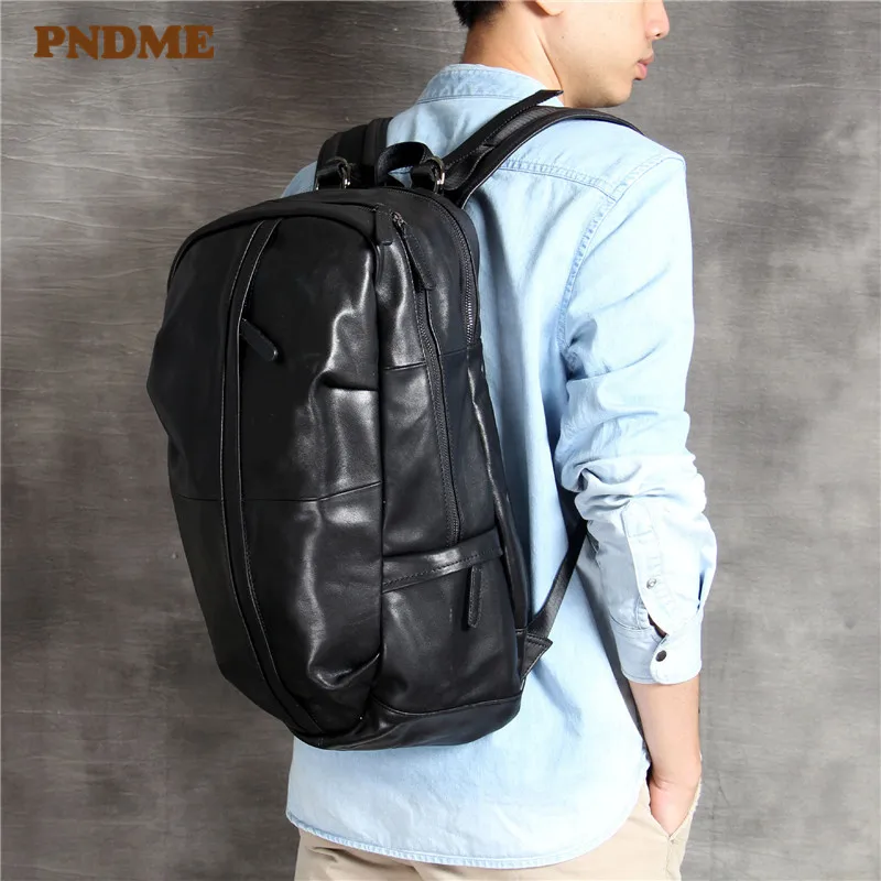 

PNDME high quality simple genuine leather men's backpack casual large capacity travel computer bagpack black cowhide bookbags