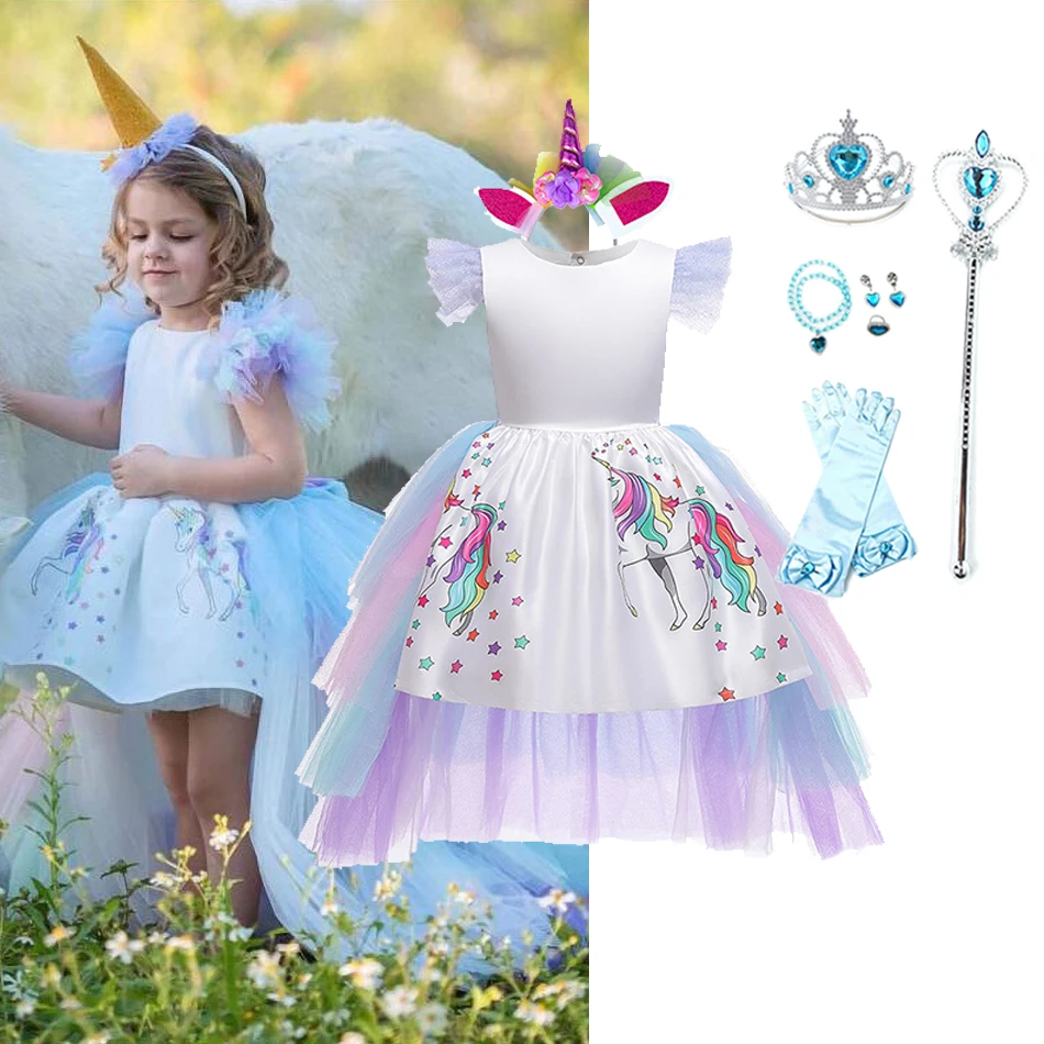 

Детский день рождения Единорог нарядное платье, вечернее платье для девочек Карнавальный костюм принцессы на Рождество, с низким вырезом н...