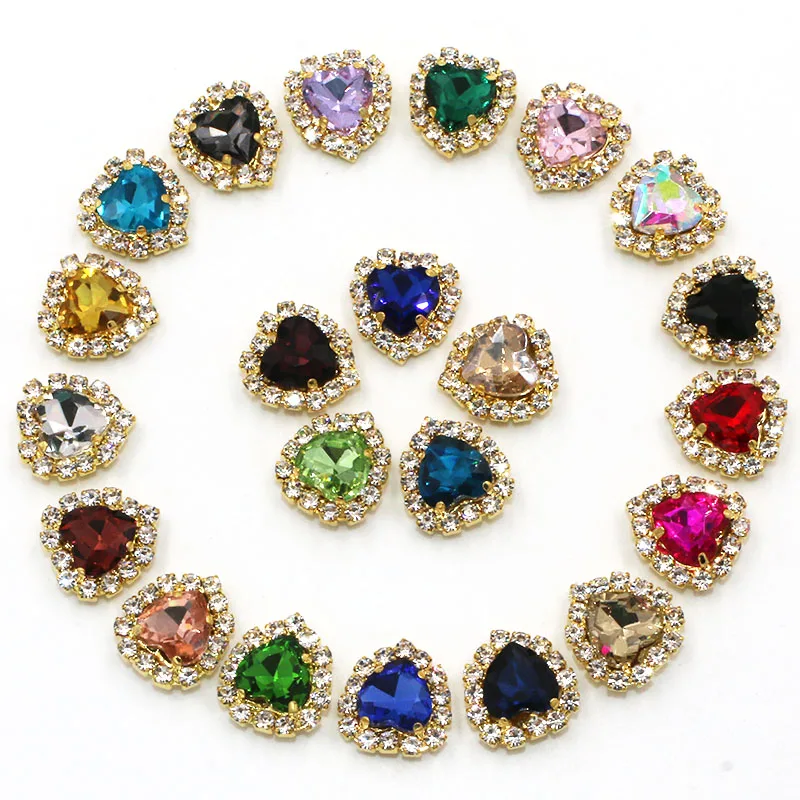 

Nail Decorations Heart Shape Crystal Glass Stones Gold Claw Cup Chain Rim Rhinestones Sew On Clothing/Wedding Dress/Shoes/Bags
