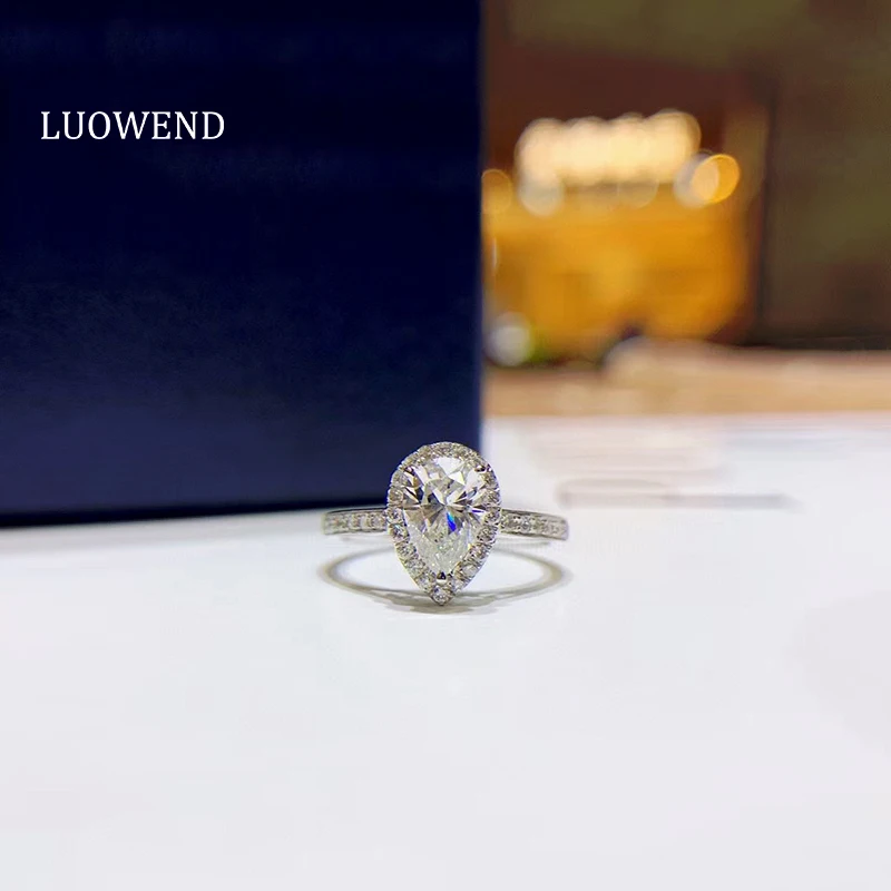 LUOWEND 100% Real 18K White Gold (AU750) Engagement Ring Classic Halo Pear...