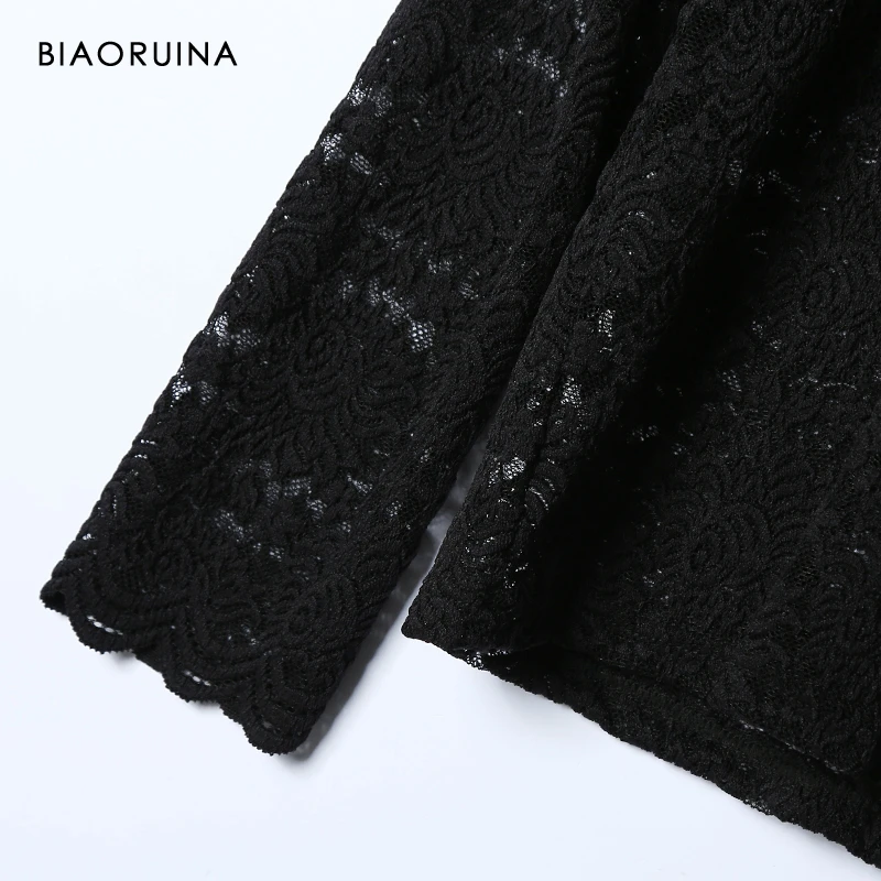 BIAORUINA 3 Colors Women's Solid Sexy Hollow Out Lace Turtleneck Blouse Ladies Elegant All-match Tops One Size | Женская одежда