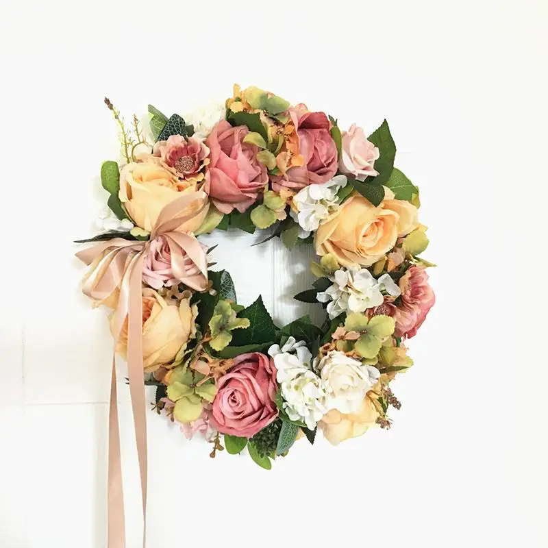 

38cm Artificial Flower Wreath Wall Hanging Ornaments Simulation Hydrangea Rose Door Wreaths Party Wall Decoration Fake Flower