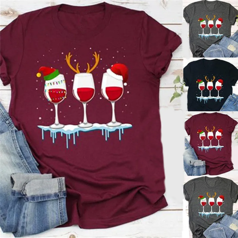

Women Christmas T Shirt Funny Christmas Wine Glass Santa Claws Printed Loose T Shirt Short Sleeve Cute Tees Female Graphic Tops