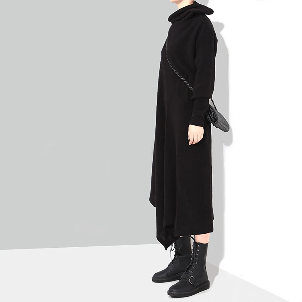 

YUANYUANJYCO Spring Autumn Women Long Streetwear Asymmetrical Dresses Fashion Turtleneck Bat Sleeve Baggy Loose Black Clothes