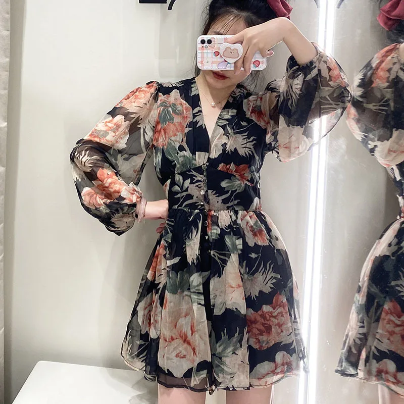 

Unua amo Retro Floral Print Jumpsuit Women Summer V-neck Long Sleeve Romper Street Style Slim High Waist Elegant Playsuits