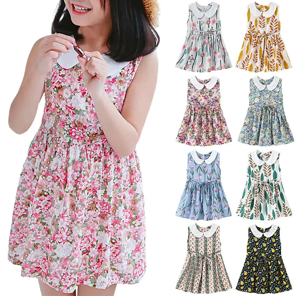 

Floral Printed Princess Turn Down Collar Girls Sleeveless Summer Mini Short Dresses