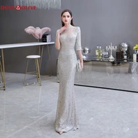 silver mermaid sequined evening dresses 2020 o neck elegant three quarter sleeves formal party long prom gowns vestido de festa