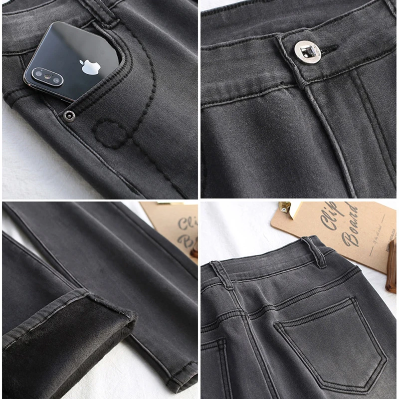 Плюс теплые бархатные джинсы с подкладкой женские плотные прямые облегающие