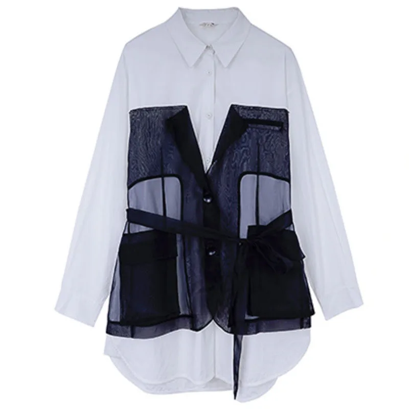 

IEQJ Women Blouse New Lapel Long Sleeve Loose Patchwork Pocket Mesh Lace Up Shirt Fashion Tide Asymmetrical Summer 2021 8P814