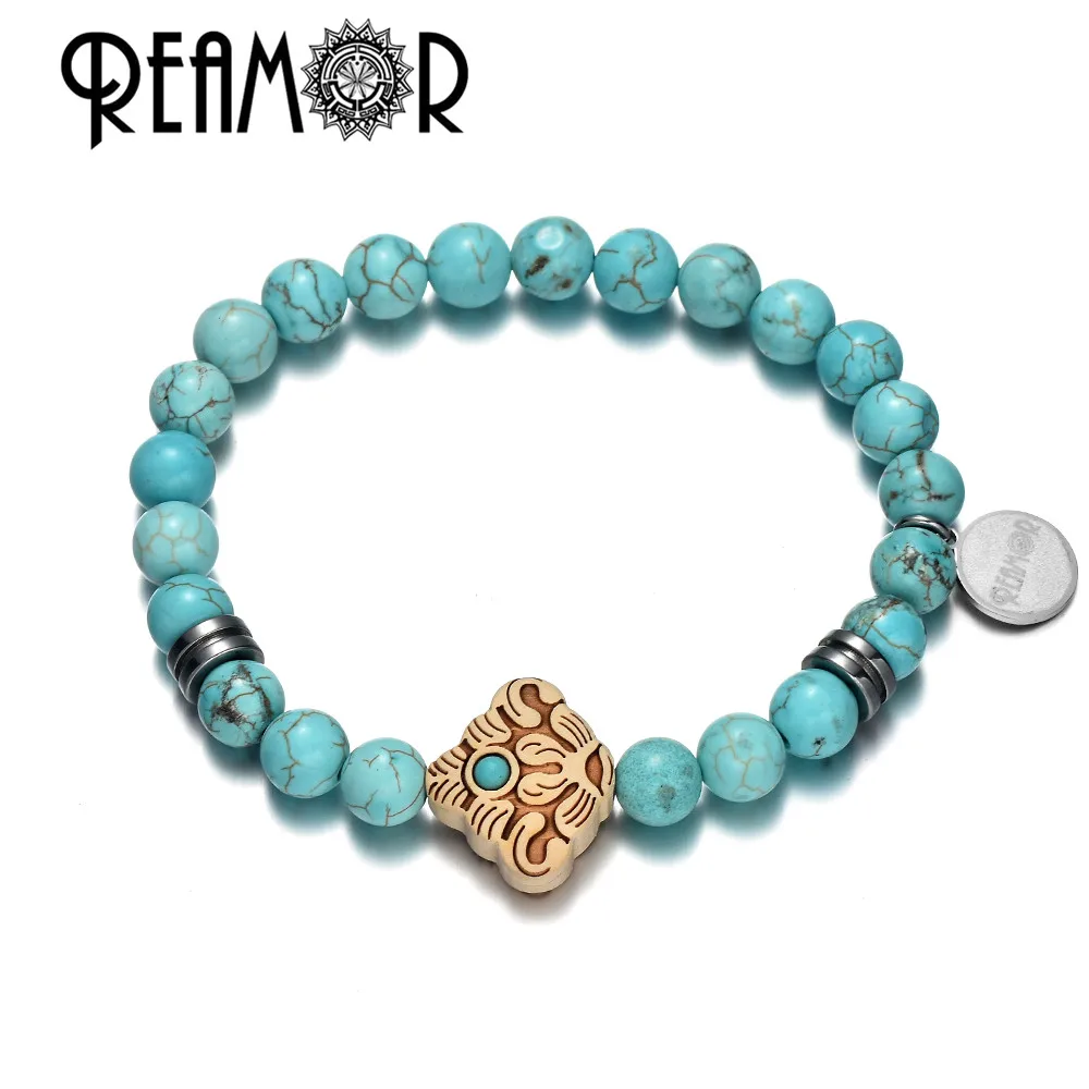 YSBK001 b REAMOR натуральная бирюза этнический браслет из деревянных бусин homme Модные Браслеты Мужчины/Женщины браслет ювелирные изделия подарок - Окраска металла: YSBK001 b