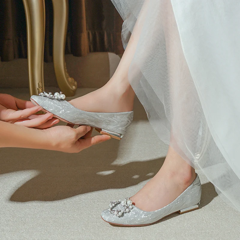 

Женские свадебные туфли, туфли на плоской подошве с квадратным носком и круглым носком, Новинка лета 2021, свадебные туфли для беременных с кр...