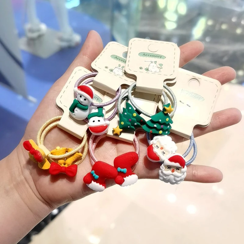 

2pcs New Cute Christmas Elk Cartoon Princess Headwear Kids Elastic Hair Bands Headwear Santa Claus Bell Elastic Hair Rubber Band