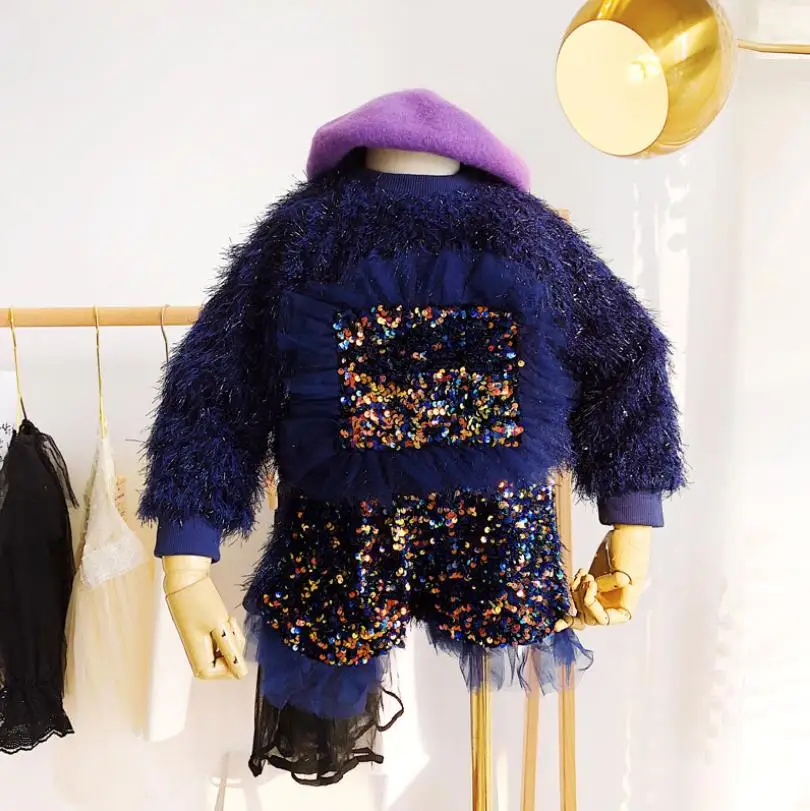 Бархатные комплекты с блестками для маленьких девочек осень 2019 новый свитер топы