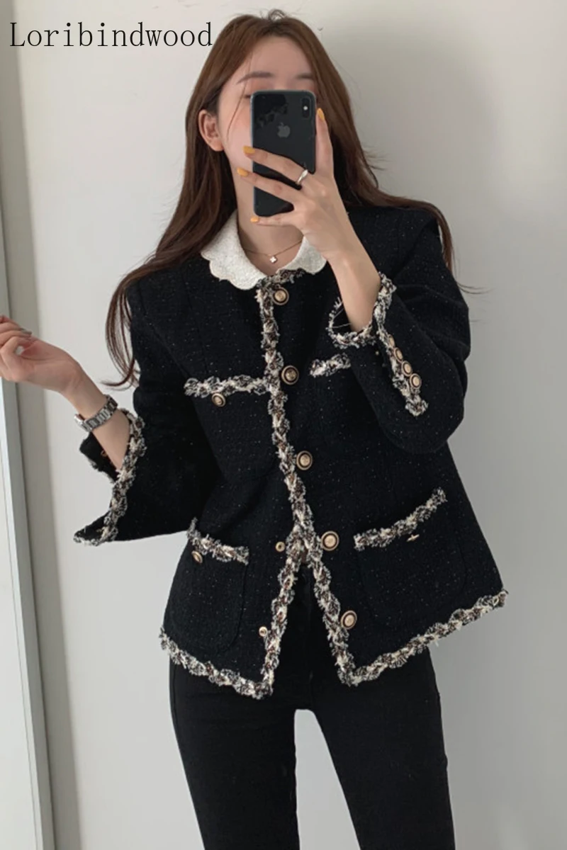 

Korean Chic autumn and winter retro chic wave edge lapel edge Mosaic design single-breasted tweed coat female