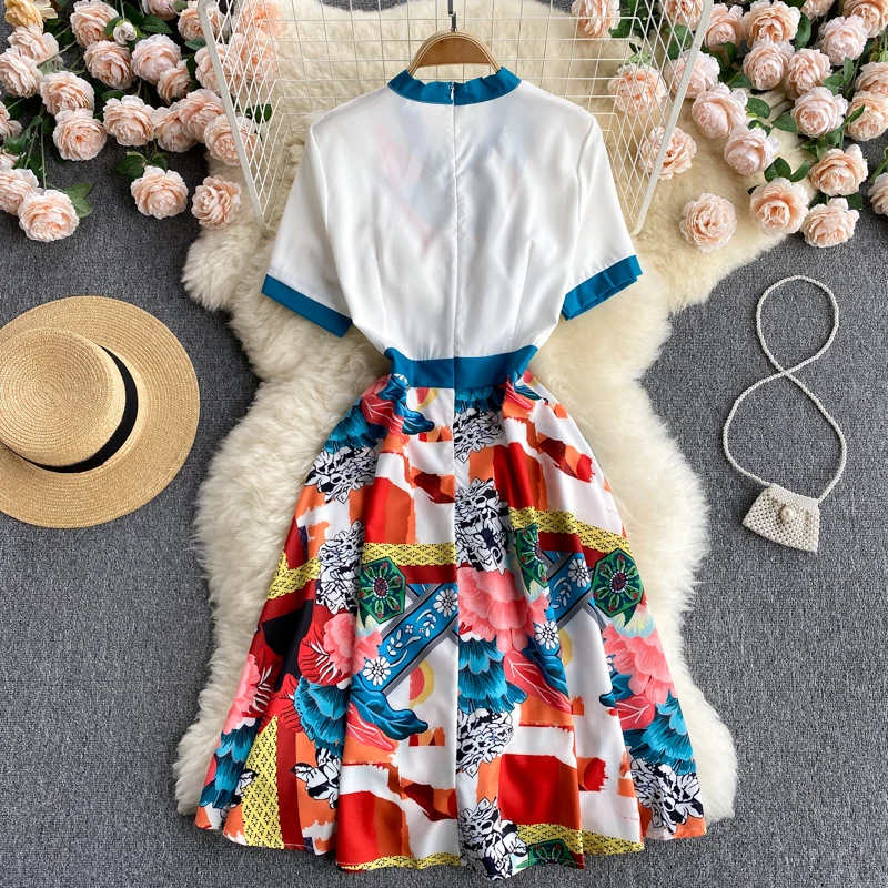 

Women 2021 New Fashion Short Sleeve Bow Collar Ruffles Print Patchwork Vintage Summer Dress Casual Aline Robe Female Vestidos