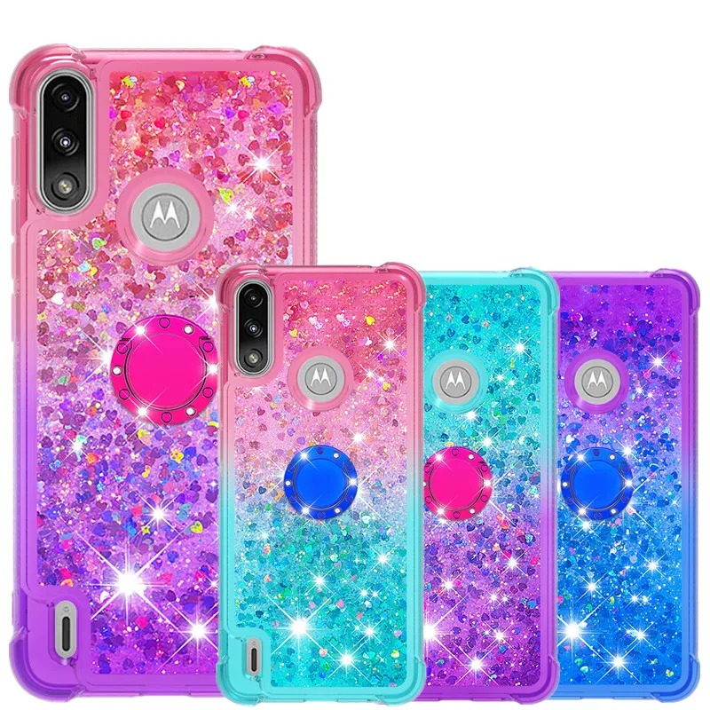 

Quicksand Liquid Glitter Finger Ring Case for Motorola Moto E7 Power Edge S G30 G10 Phone Case Soft Silicone Stand Cover Fundas