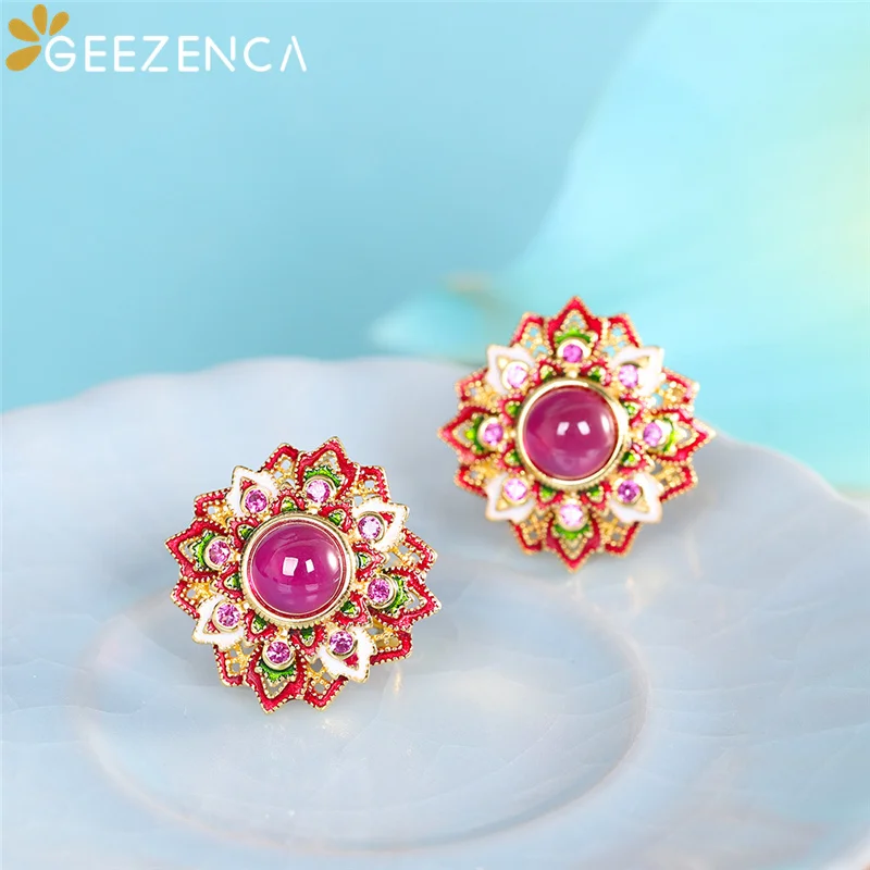 

GEEZENCA 925 Sterling Silver Gold Plated Red Corundum Enamel Stud Earrings For Women Vintage Trendy Earring Fine Jewelry Gift