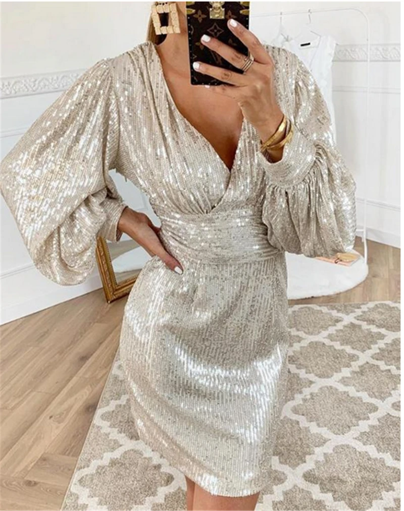 Женское вечернее платье с глубоким V образным вырезом и блестками|Женские платья|