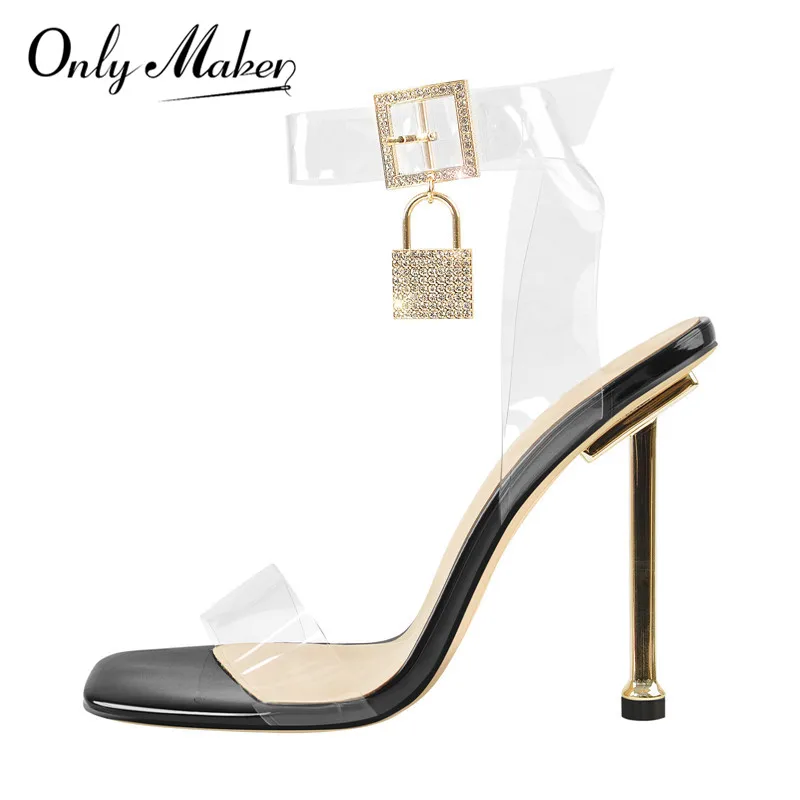 Onlymaker Women's Peep Toe Transparent  Metal PVC Cross-tied  Lock Metal Thin High Heel Stiletto Party Dress Sandals