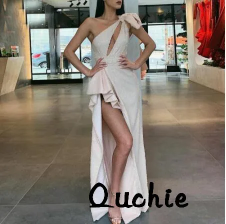 

One Shoulder High Split Sequins Evening Dresses Simple Mermaid Pink robe soiree Islamic Dubai Kaftan Saudi Arabic Prom Gown