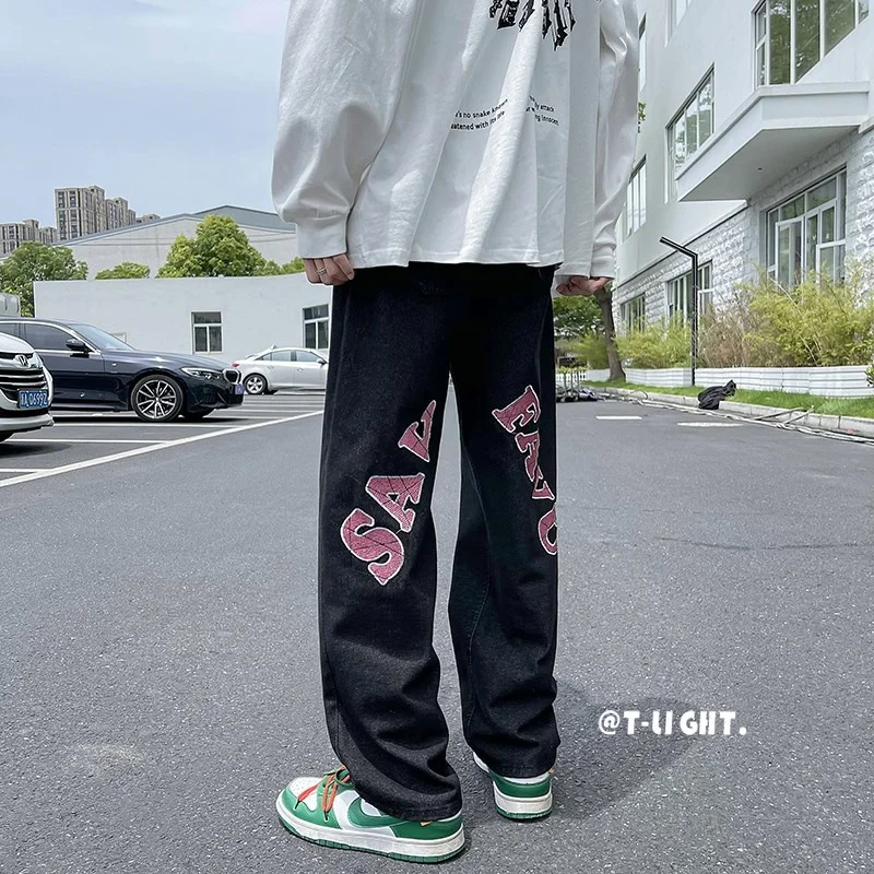 Джинсы мужские прямые с вышивкой модные Универсальные брюки широкими штанинами