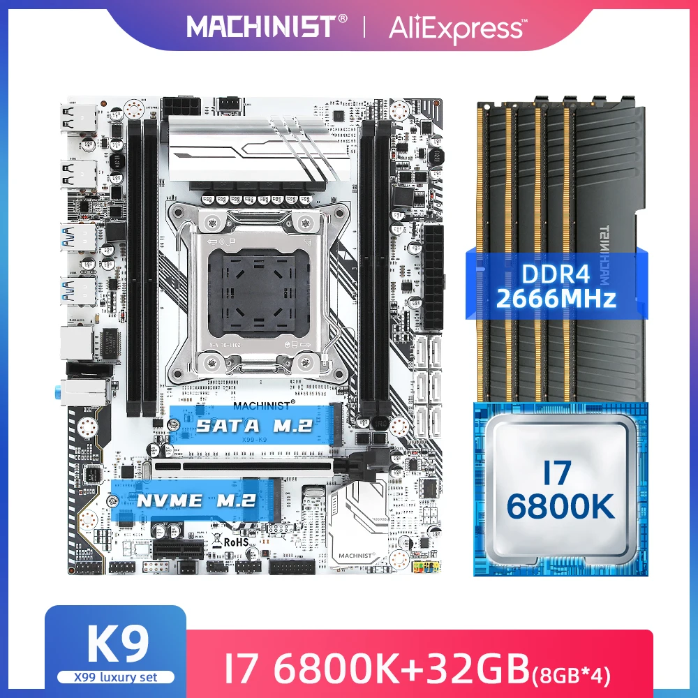 

MACHINIST X99 Motherboard LGA 2011-3 Set Kit With Intel Core I7-6800K Processor 32G(4*8) DDR4 2666MHZ RAM Four Channel X99-K9