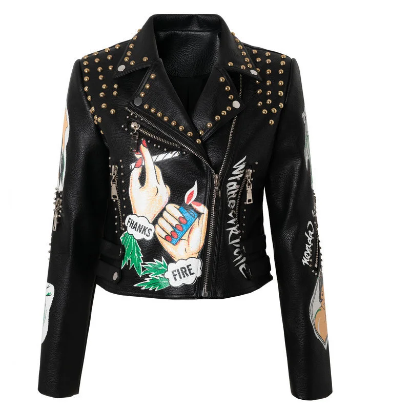

New 2022 Graffiti Fashion Women Motorcycle Pu Faux Leather Jacket Female Short Style Biker Jackets Printing Rivet Womens Coat