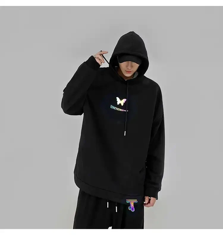 

Autumn and winter reflective butterfly letter printing hooded pullover women's top Harajuku fashion retro plus size women's top