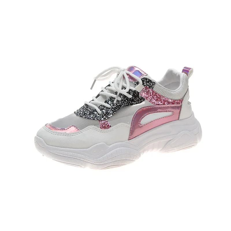 

Breathable Mesh Shoes Female Summer 2019 Mesh Red Sequins Hollow Muffin Thick Bottom Joker Sports Shoes Running Shoes