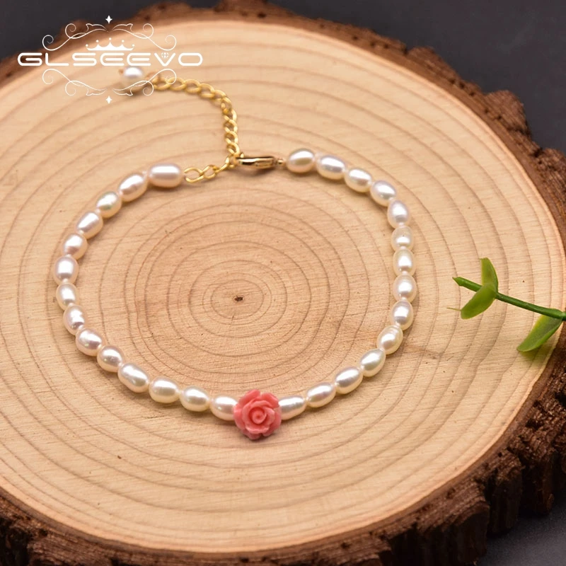 

GLSEEVO Freshwater Pearl Coral Pink Embossed Set Brass 18k Gold Plated Bracelet Women Fashion Exquisite Gift Jewelry GB0970