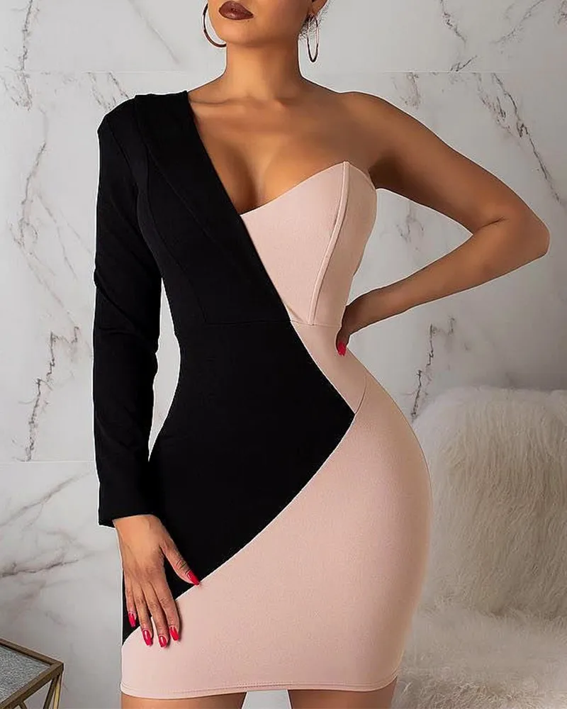 

Women's New Dresses One Shoulder Two Tone Insert Bodycon Dress Solid Color Slim Fashion Sexy Dress
