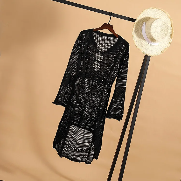 

Hollow Out Beach Dress Women V Neck Long Sleeve Crochet Swimsuit Tunic Cover Up Bathing Suit Beachwear Female Summer