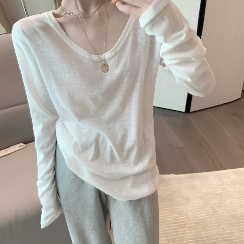 

T-shirts Women White O-Neck Thin Summer Loose Long Sleeve Basic Sun-proof All-match Korean Style Soft Tess Female Tops Simple