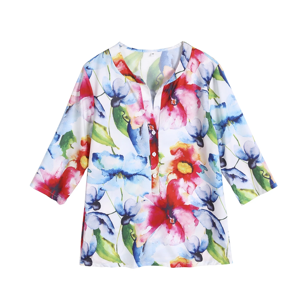 Женская блузка в стиле бохо с цветочным принтом на пуговицах коротким рукавом