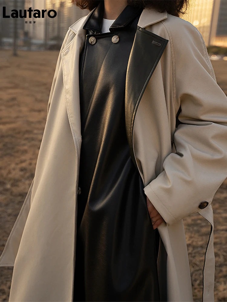 Lautaro весна осень длинный мягкий плащ из искусственной кожи для женщин с рукавами