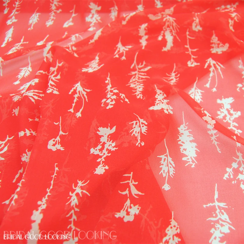 

Silk Georgette Chiffon Fabric Dress Large Wide Red Beige Small Flower Thin Transparent Skirt Shirt DIY Patchwork Tissue