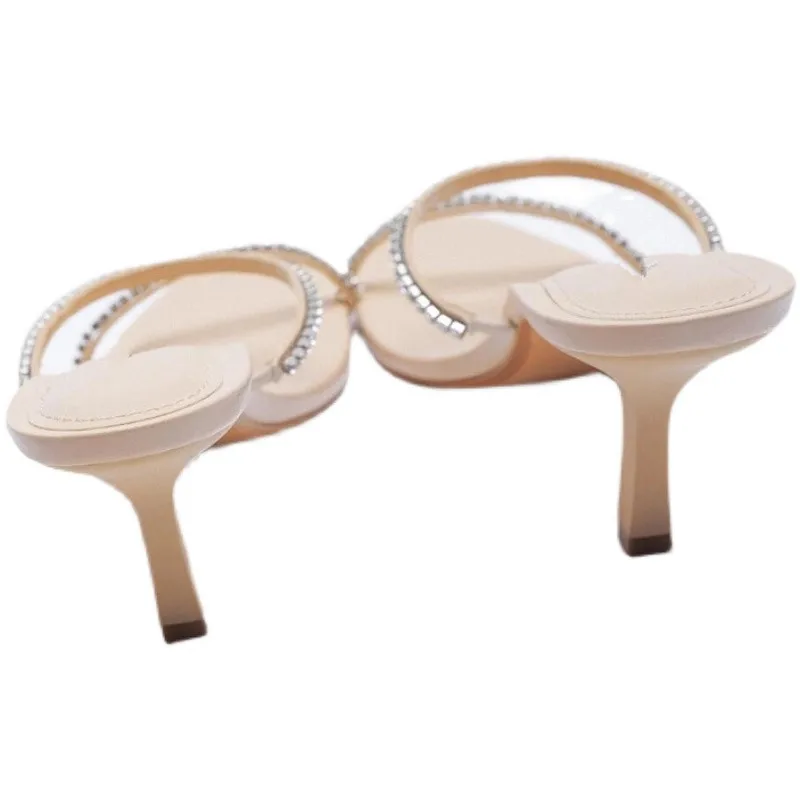 

Shoes Woman 2021 Female Slippers Glitter Slides Thin Heels Beige Heeled Sandals Square Toe New Jelly Black High Crystal PU Rubbe