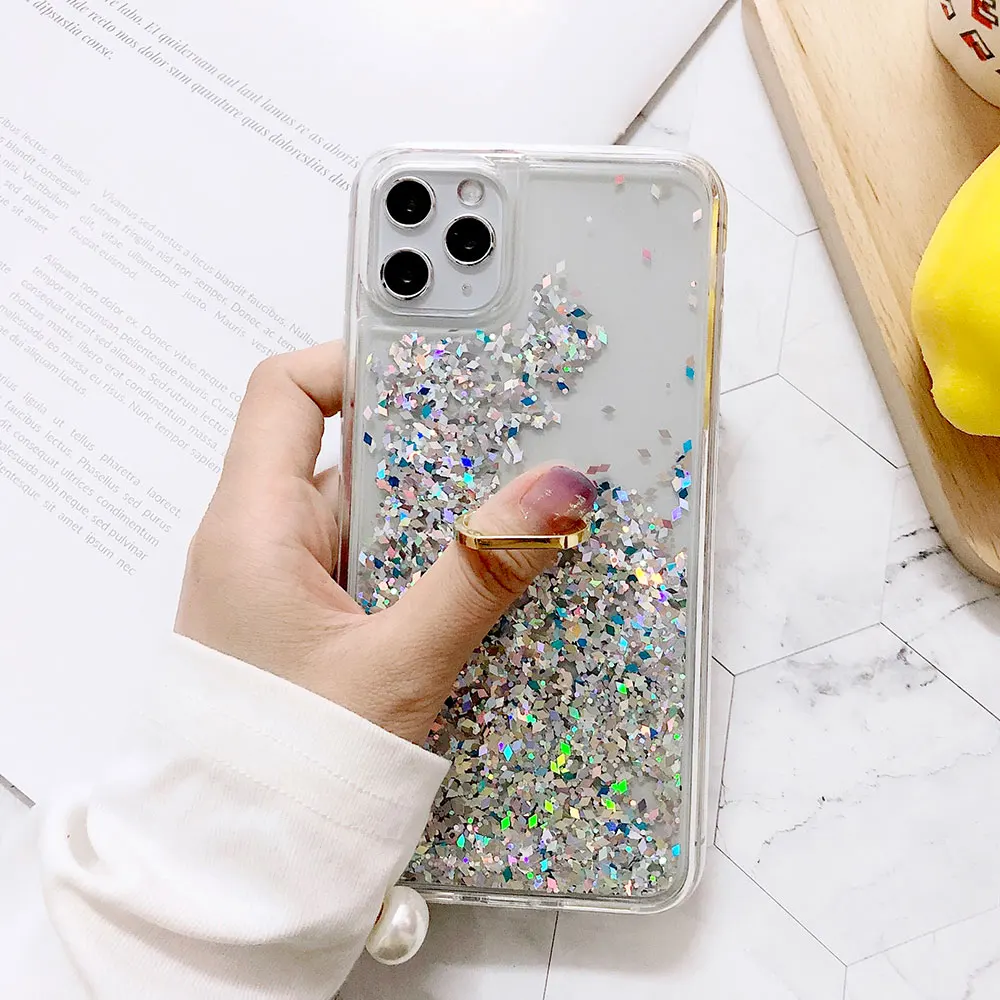 glitter phone case for iphone se 11 pro max xs max x xr 6s 6 7 8 plus liquid quicksand case with finger ring cover bling sequins free global shipping