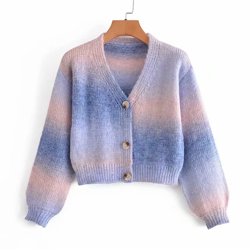 

YENKYE Vintage Tie Dye Cropped Cardigan Women Lantern Sleeve V Neck Casual Autumn Sweater Lady Single Breasted Fashion Outerwear